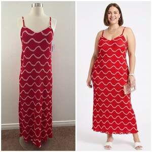 Anthro Kindred Pleated Wavy Maxi Dress 1X Red Sleeveless Strappy Abstract NEW